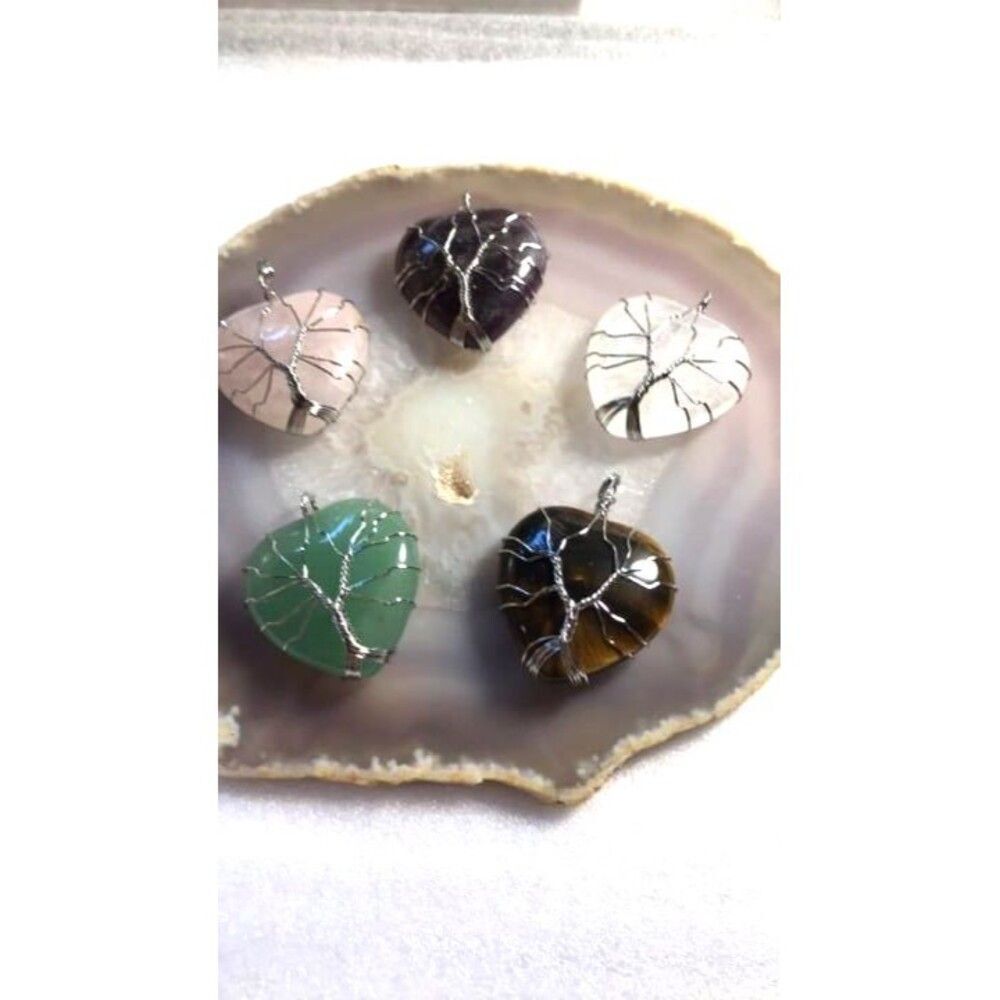 Tree of Life Heart Shaped Wrapped Stone Pendant